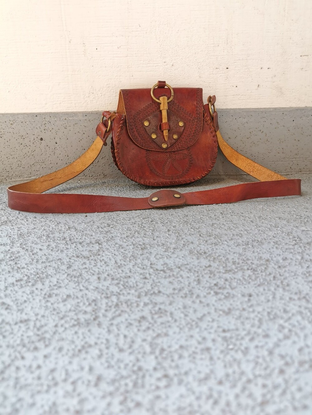 Vintage Handmade Tooled Leather Crossbody Bag Brass & Wood Toggle Boho